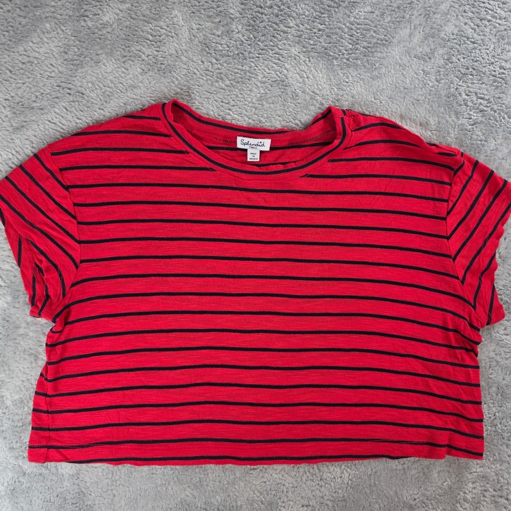 Splendid Womens Small Red Navy Striped Crop Top‎ Nautical Short Sleeve